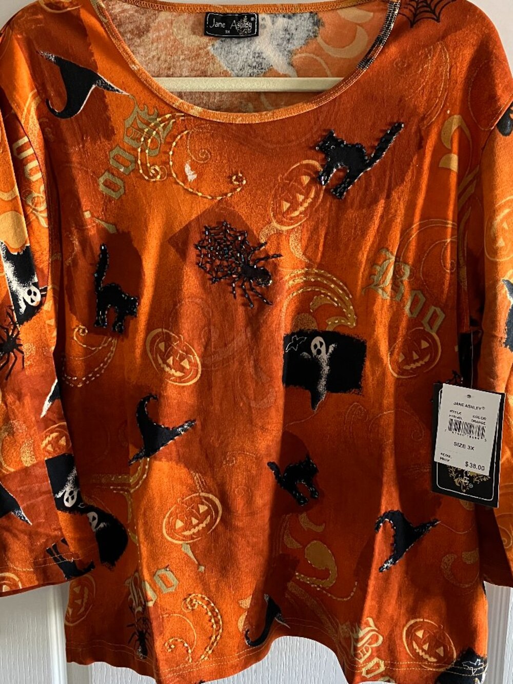 NWT Jane Ashley Top Size 3XL Halloween Orange Core Sequined Spider, Cats, & Bats